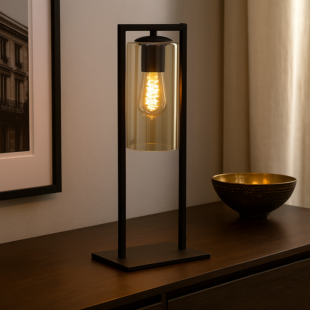 Lampada da tavolo nera industriale, Tonia, con interruttore