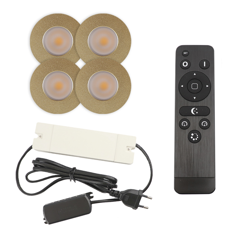 4 faretti da incasso in ottone per veranda Dico, IP65, con set di connessione e telecomando