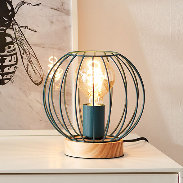 Lampada da tavolo in legno blu, Donato, con interruttore