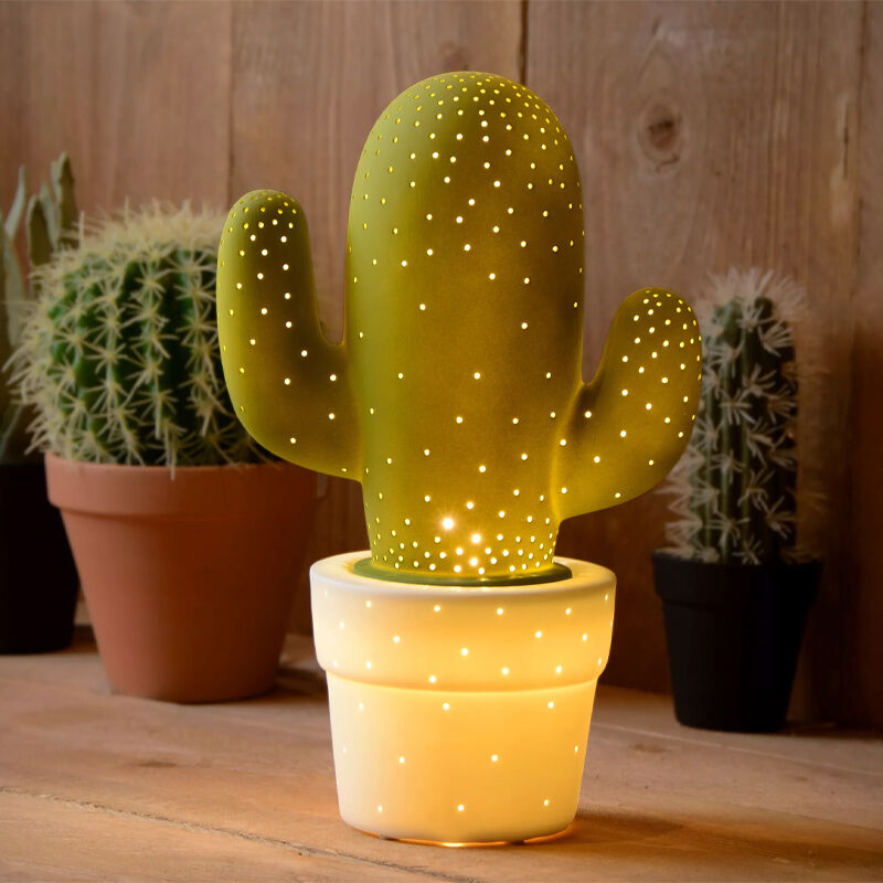 Lampada da tavolo in ceramica verde, Cactus, con interruttore