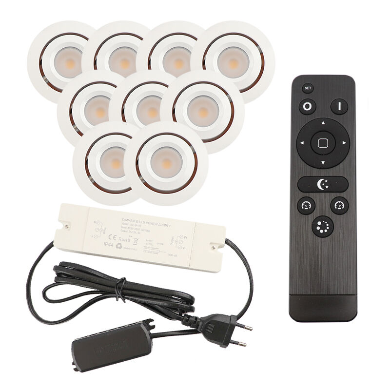 9 faretti da incasso orientabili per veranda Rona, IP44, con set di connessione e telecomando, bianco