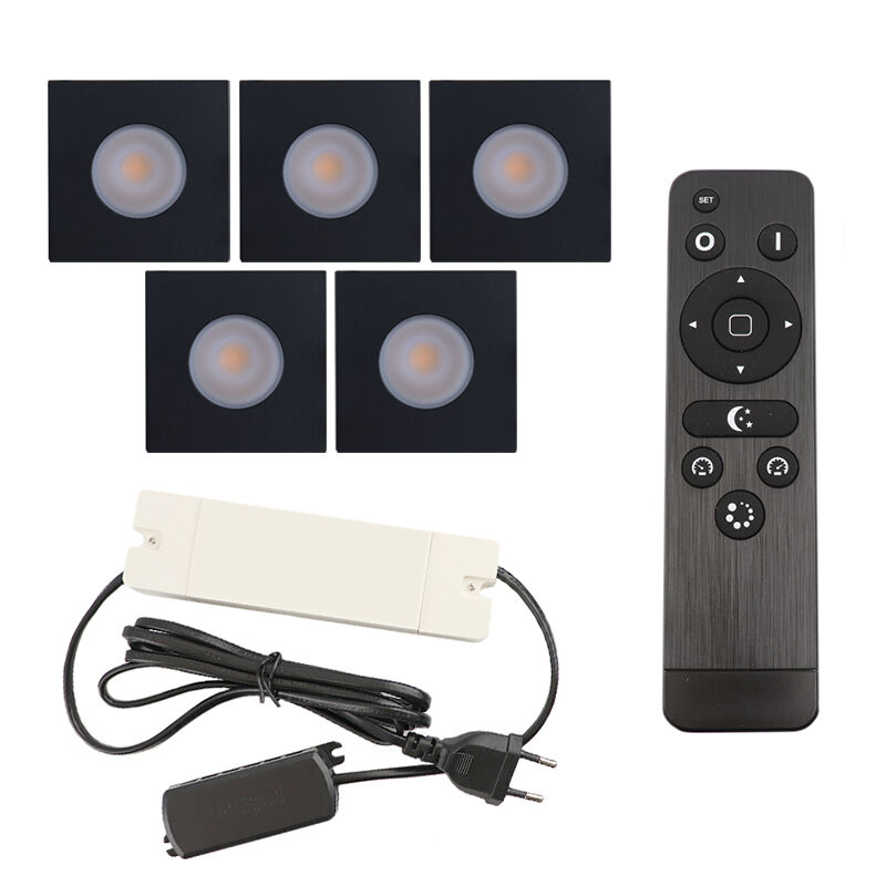 5 faretti da incasso neri quadrati per veranda Dico, IP65, con set di connessione e telecomando