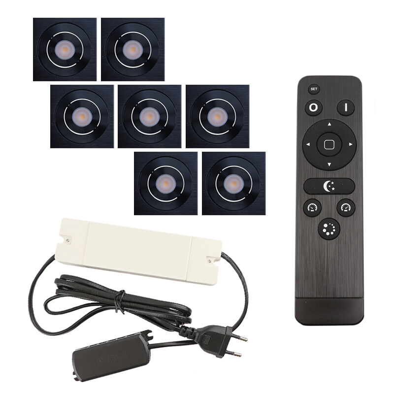 7 faretti da incasso orientabili per veranda Rona quadrato, IP44, con set di connessione e telecomando, nero