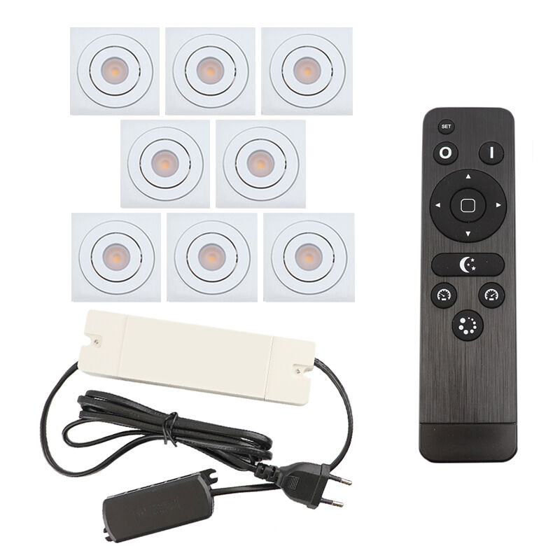 8 faretti da incasso orientabili per veranda Rona quadrato, IP44, con set di connessione e telecomando, bianco