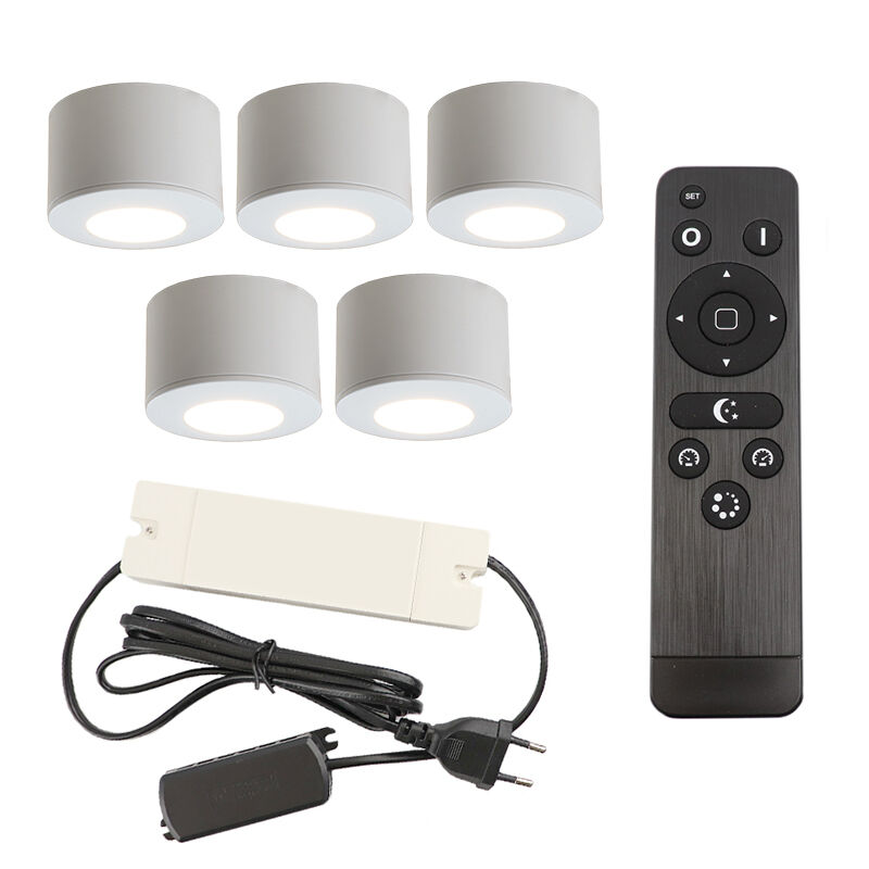 5 faretti da superficie bianchi tondi per veranda Vasso, IP44, con set di connessione e telecomando