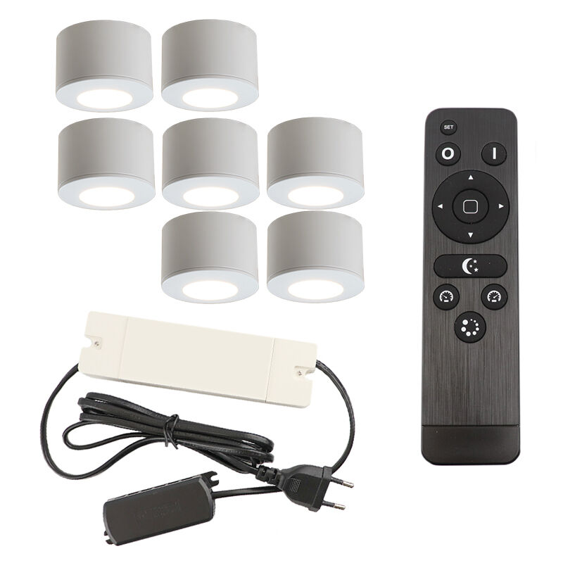 7 faretti da superficie bianchi tondi per veranda Vasso, IP44, con set di connessione e telecomando