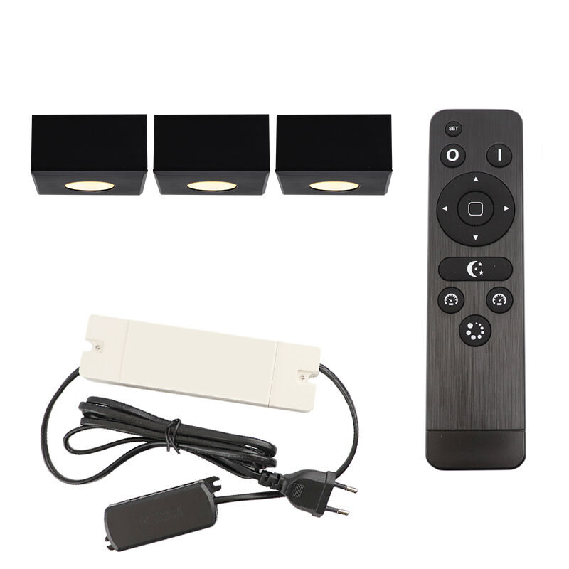 3 faretti da superficie neri quadrati per veranda Fredo, IP44, con set di connessione e telecomando