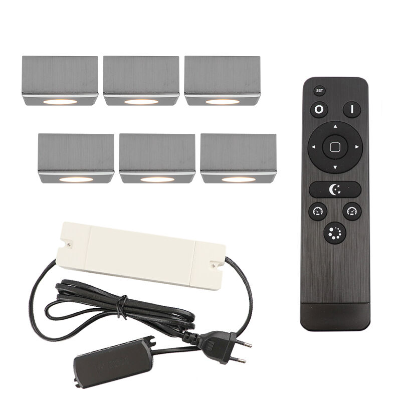 6 faretti da superficie cromati quadrati per veranda Fredo, IP44, con set di connessione e telecomando