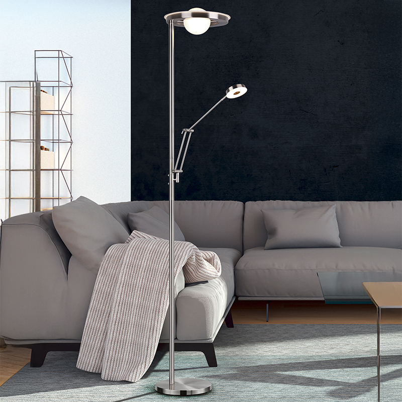 Piantana da lettura da terra moderna in nichel, Yazid, 32W, colore regolabile LED, controllo touch