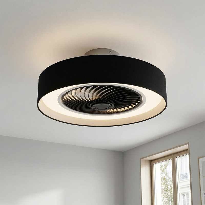 Ventilatore da soffitto nero moderno, Huub, 40W, 3000K LED, con telecomando Ventilatore da soffitto nero moderno, Huub, 40W, 3000K LED, con telecomando