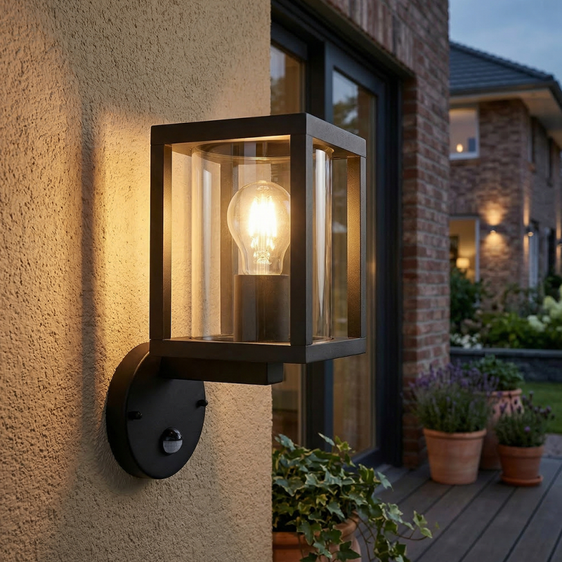 Applique da esterno con sensore di movimento nera moderna, Amalie, IP54 Applique da esterno con sensore di movimento nera moderna, Amalie, IP54