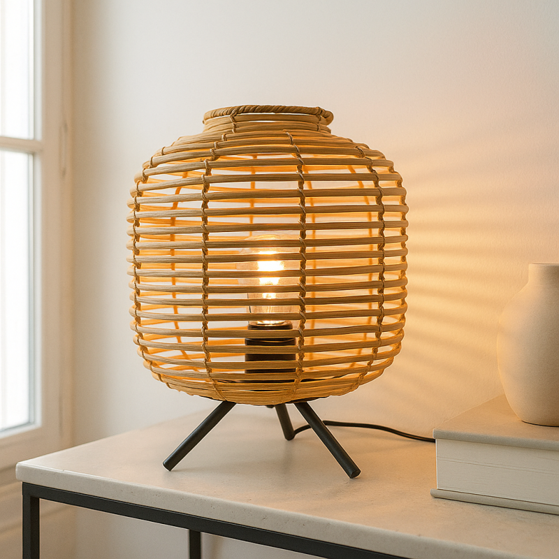 Lampada da tavolo in rattan marrone, Pinar, con interruttore