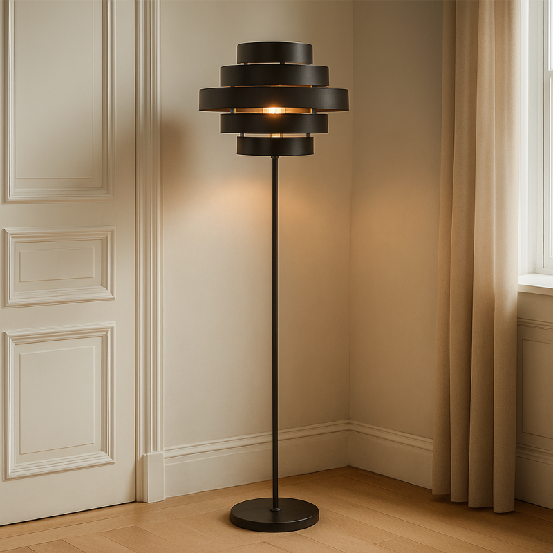 Lampada da terra nera rustica, Jana, con interruttore Lampada da terra nera rustica, Jana, con interruttore