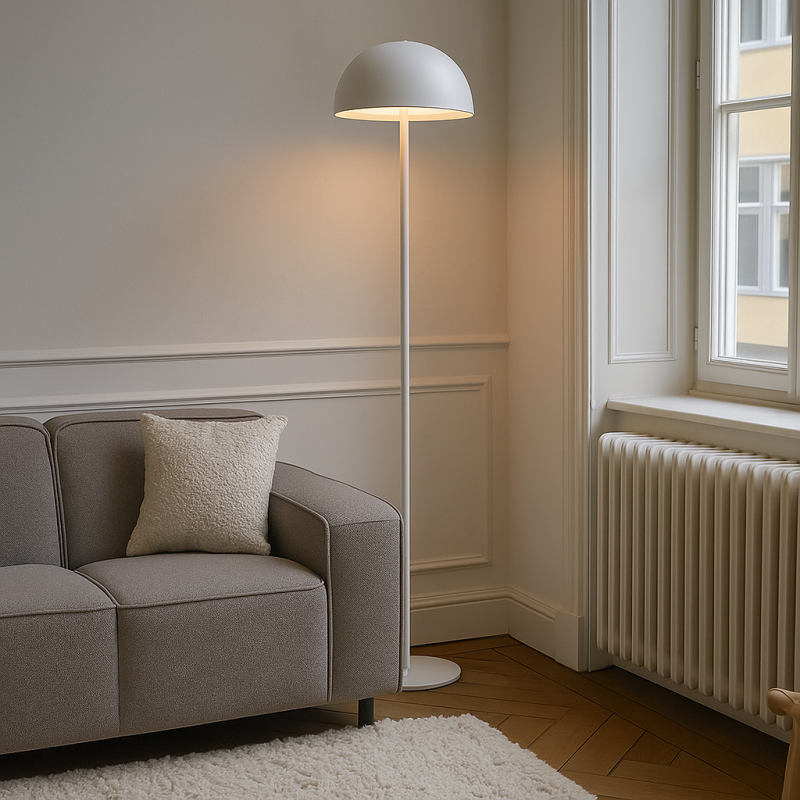 Lampada da terra bianca retrò, Douwe, 4W, dim to warm LED, controllo touch Lampada da terra bianca retrò, Douwe, 4W, dim to warm LED, controllo touch