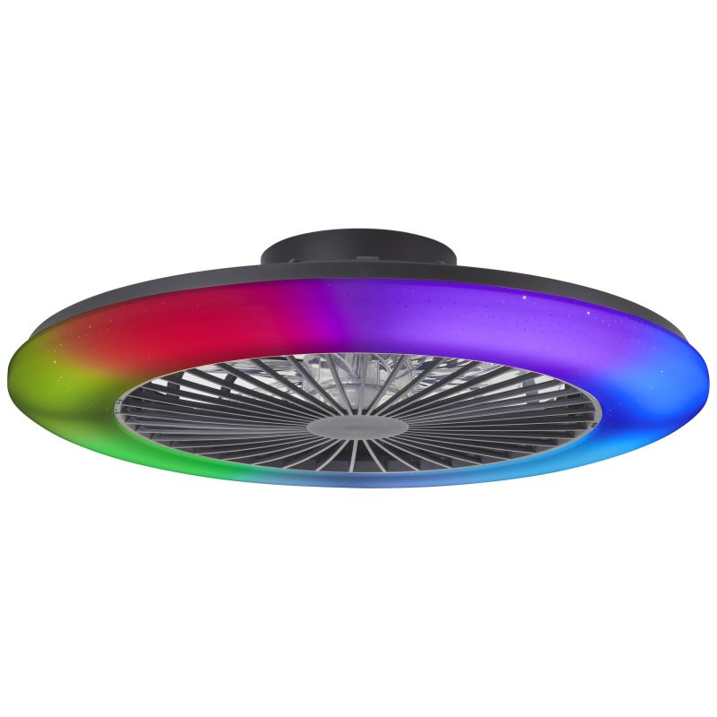 Ventilatore da soffitto nero moderno, Sofieke, 48W, RGBW LED, con telecomando