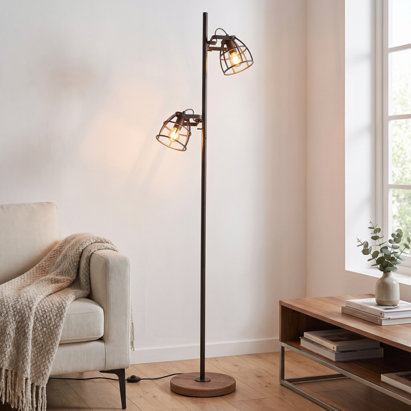 Lampada da terra nera industriale, Calvin, con interruttore