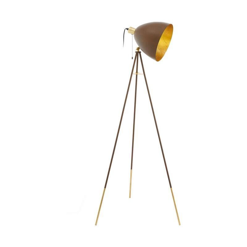 Lampada da terra treppiede dorata in acciaio, Maick, con interruttore a strappo Lampada da terra treppiede dorata in acciaio, Maick, con interruttore a strappo