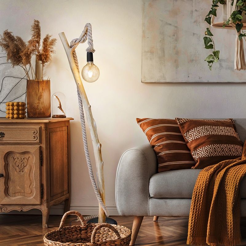 Lampada da terra in legno in corda, Naime, con interruttore