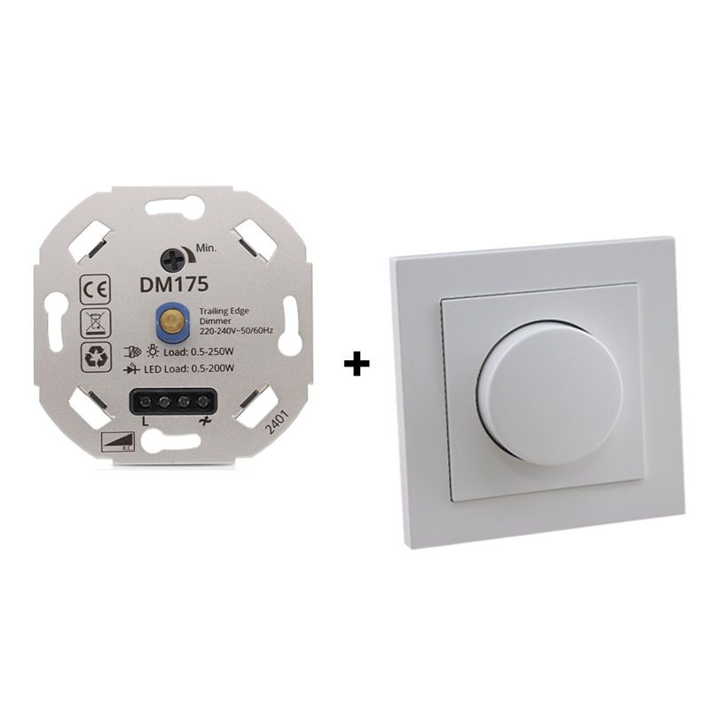 Dimmer LED, 0,5 - 200W, con cornice di copertura bianca e piastra centrale Dimmer LED, 0,5 - 200W, con cornice di copertura bianca e piastra centrale