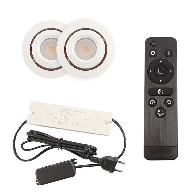 2 faretti da incasso orientabili per veranda Rona, IP44, con set di connessione e telecomando, bianco 2 faretti da incasso orientabili per veranda Rona, IP44, con set di connessione e telecomando, bianco