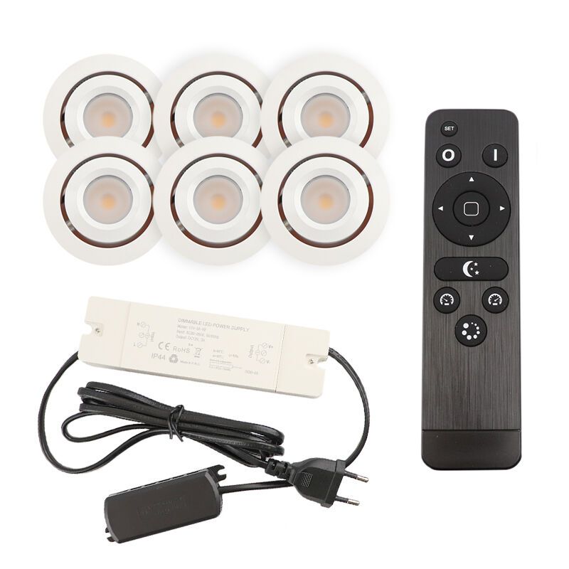 6 faretti da incasso orientabili per veranda Rona, IP44, con set di connessione e telecomando, bianco