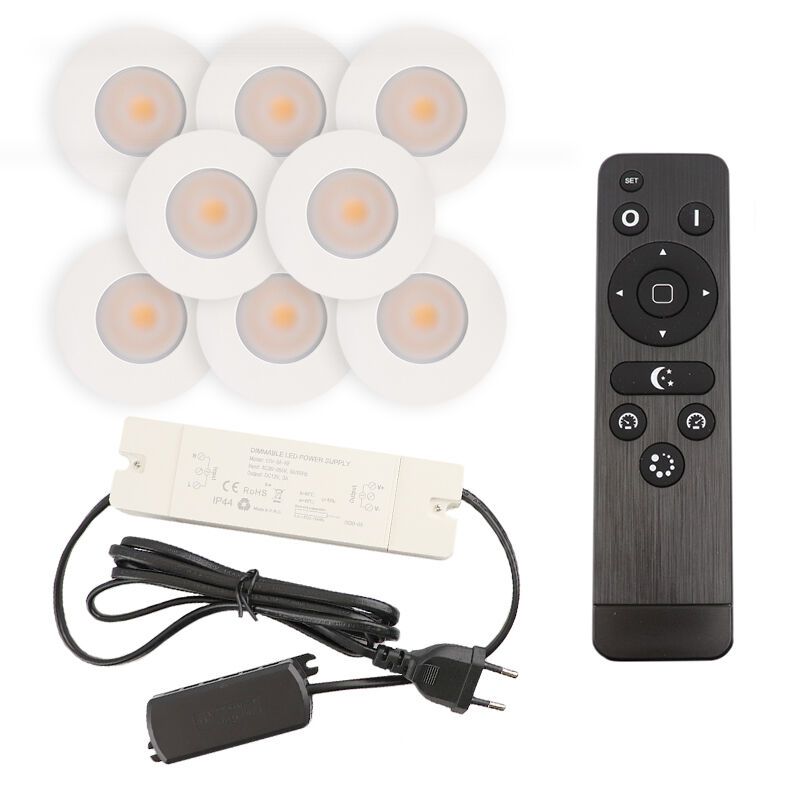 8 faretti da incasso bianchi per veranda Dico, IP65, con set di connessione e telecomando