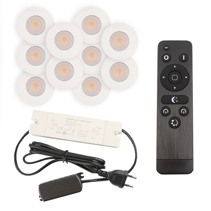 10 faretti da incasso bianchi per veranda Dico, IP65, con set di connessione e telecomando