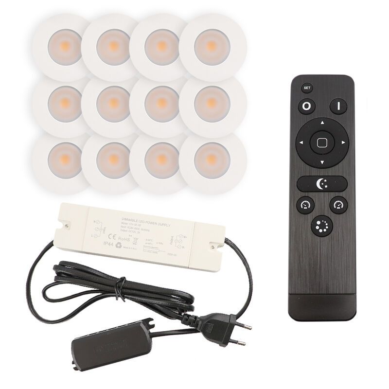 12 faretti da incasso bianchi per veranda Dico, IP65, con set di connessione e telecomando 12 faretti da incasso bianchi per veranda Dico, IP65, con set di connessione e telecomando