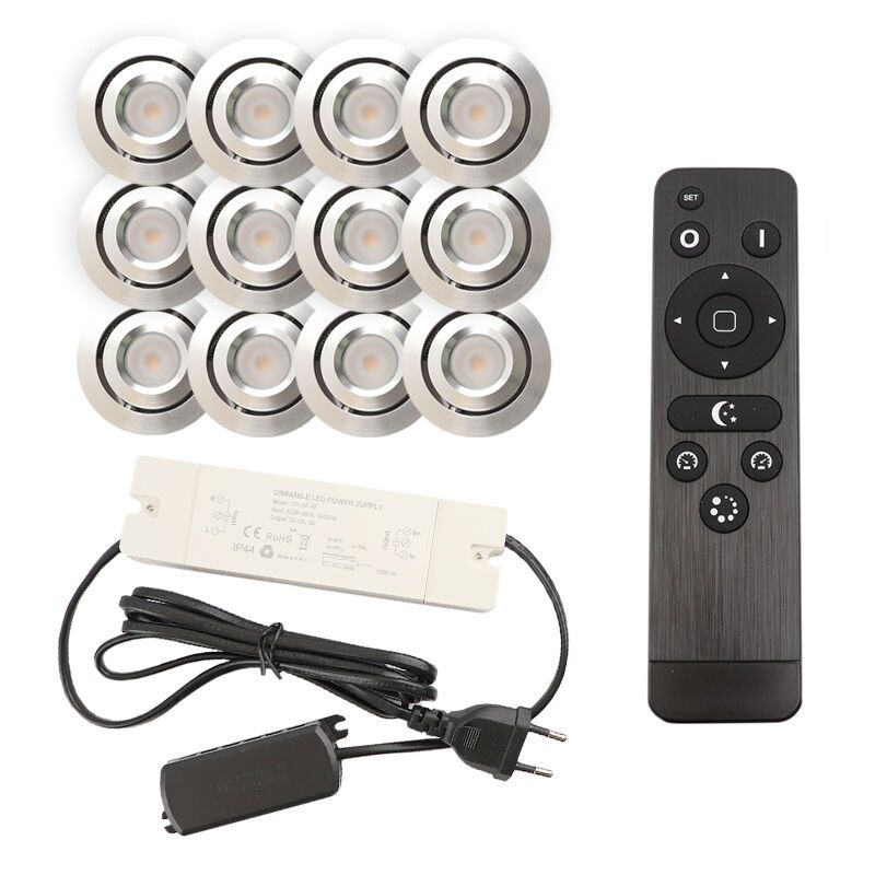 12 faretti da incasso orientabili per veranda Rona, IP44, con set di connessione e telecomando, cromo
