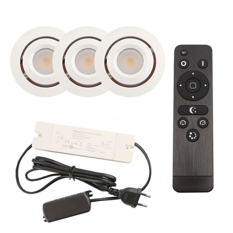 3 faretti da incasso orientabili per veranda Rona, IP44, con set di connessione e telecomando, bianco 3 faretti da incasso orientabili per veranda Rona, IP44, con set di connessione e telecomando, bianco