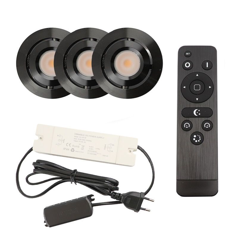 3 faretti da incasso orientabili per veranda Rona, IP44, con set di connessione e telecomando, nero