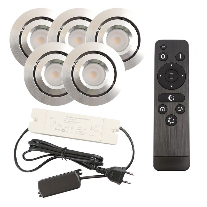 5 faretti da incasso orientabili per veranda Rona, IP44, con set di connessione e telecomando, cromo