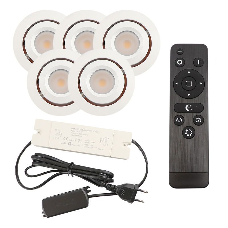 5 faretti da incasso orientabili per veranda Rona, IP44, con set di connessione e telecomando, bianco 5 faretti da incasso orientabili per veranda Rona, IP44, con set di connessione e telecomando, bianco