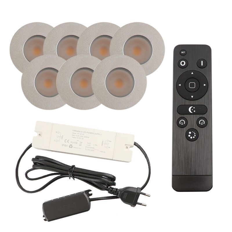 7 faretti da incasso cromati per veranda Dico, IP65, con set di connessione e telecomando