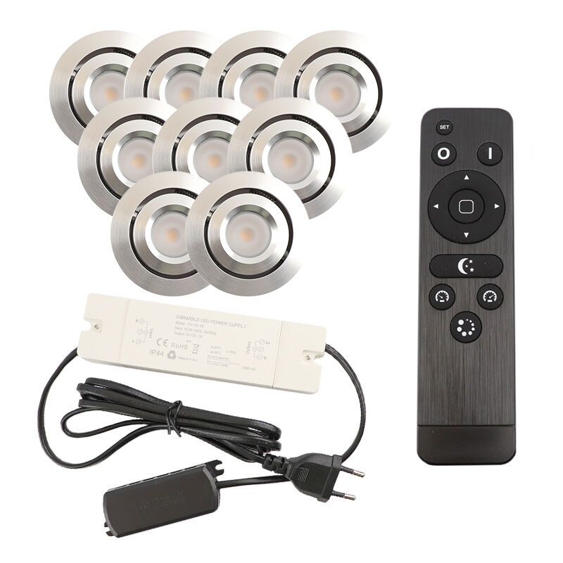 9 faretti da incasso orientabili per veranda Rona, IP44, con set di connessione e telecomando, cromo 9 faretti da incasso orientabili per veranda Rona, IP44, con set di connessione e telecomando, cromo