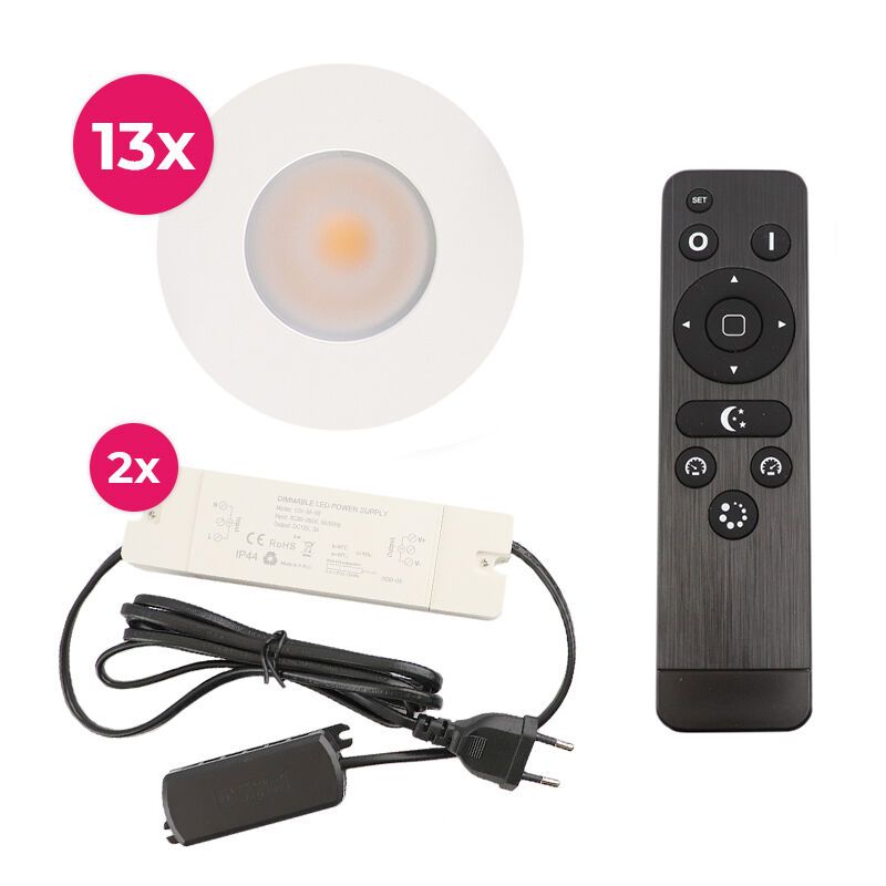 13 faretti da incasso bianchi per veranda Dico, IP65, con set di connessione e telecomando
