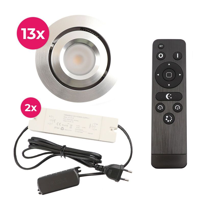 13 faretti da incasso orientabili per veranda Rona, IP44, con set di connessione e telecomando, cromo