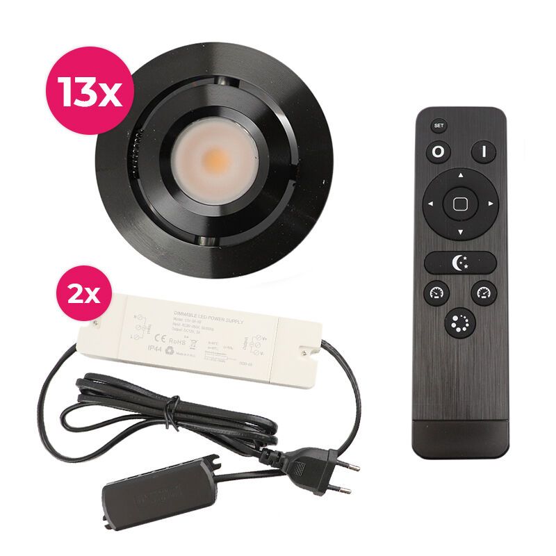13 faretti da incasso orientabili per veranda Rona, IP44, con set di connessione e telecomando, nero