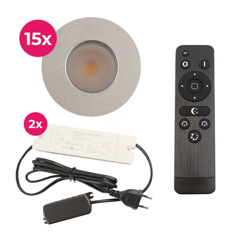 15 faretti da incasso cromati per veranda Dico, IP65, con set di connessione e telecomando