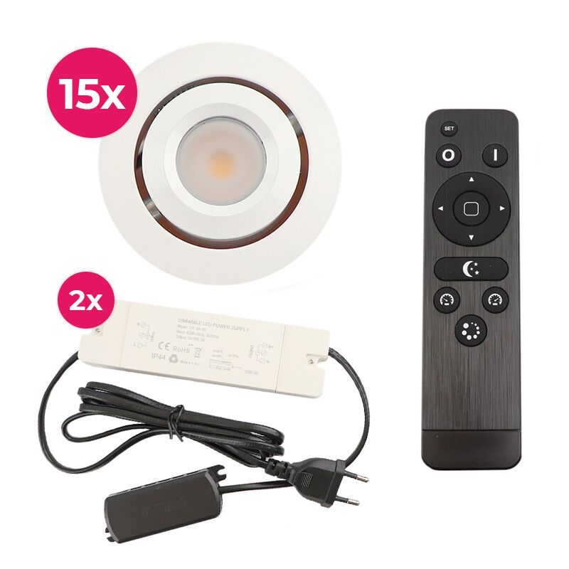 15 faretti da incasso orientabili per veranda Rona, IP44, con set di connessione e telecomando, bianco