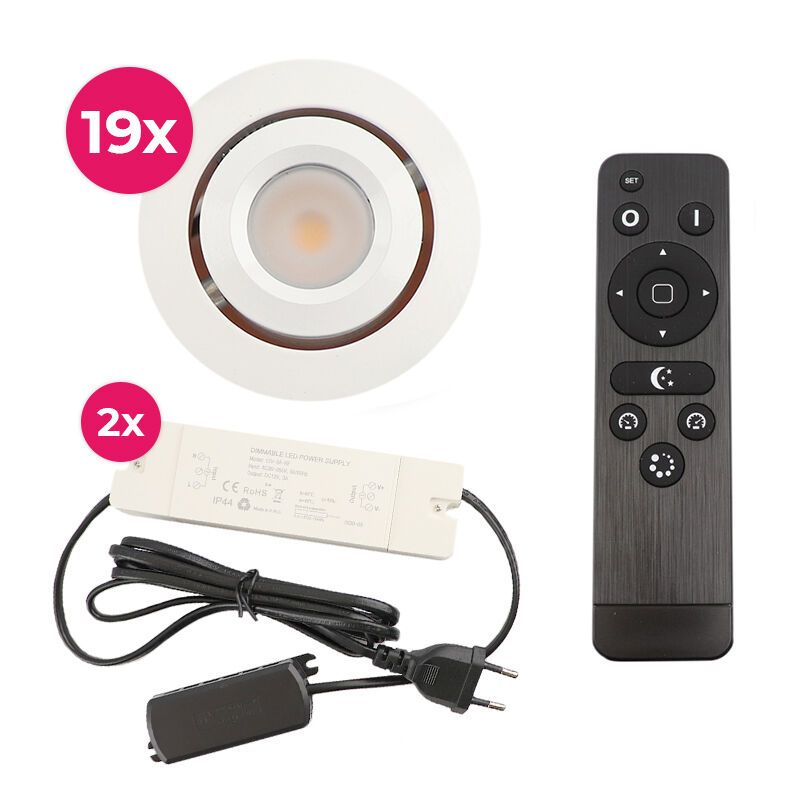 19 faretti da incasso orientabili per veranda Rona, IP44, con set di connessione e telecomando, bianco