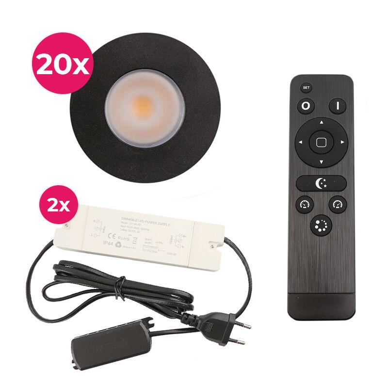 20 faretti da incasso neri per veranda Dico, IP65, con set di connessione e telecomando