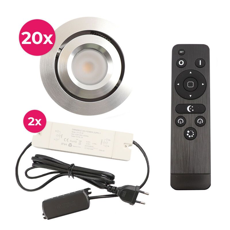 20 faretti da incasso orientabili per veranda Rona, IP44, con set di connessione e telecomando, cromo 20 faretti da incasso orientabili per veranda Rona, IP44, con set di connessione e telecomando, cromo