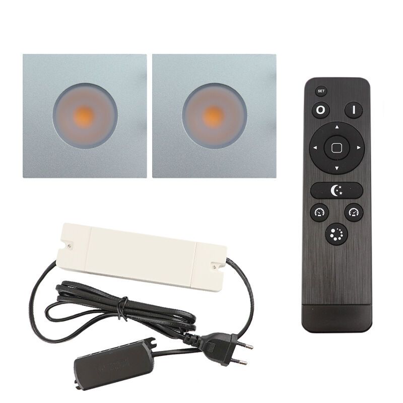 2 faretti da incasso cromati quadrati per veranda Dico, IP65, con set di connessione e telecomando