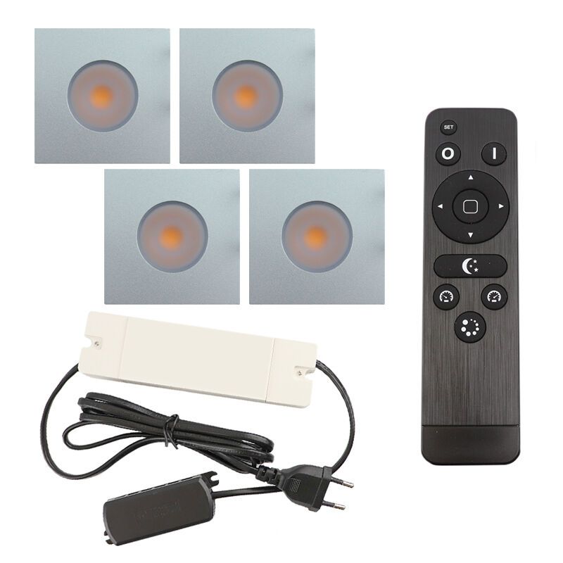 4 faretti da incasso cromati quadrati per veranda Dico, IP65, con set di connessione e telecomando