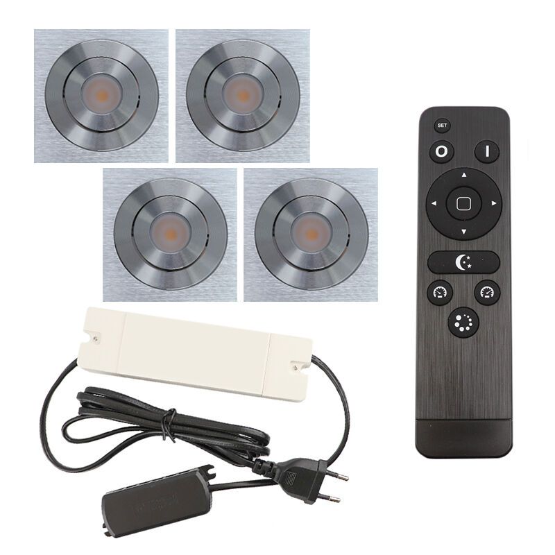 4 faretti da incasso orientabili per veranda Rona quadrato, IP44, con set di connessione e telecomando, cromo