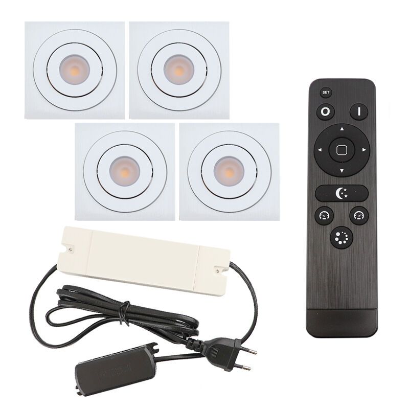 4 faretti da incasso orientabili per veranda Rona quadrato, IP44, con set di connessione e telecomando, bianco 4 faretti da incasso orientabili per veranda Rona quadrato, IP44, con set di connessione e telecomando, bianco