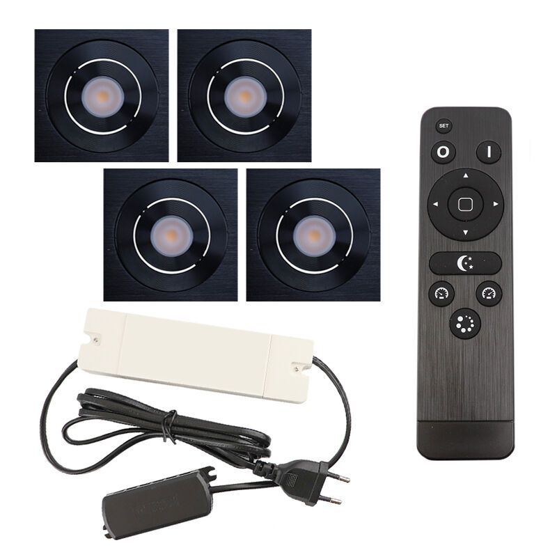 4 faretti da incasso orientabili per veranda Rona quadrato, IP44, con set di connessione e telecomando, nero 4 faretti da incasso orientabili per veranda Rona quadrato, IP44, con set di connessione e telecomando, nero