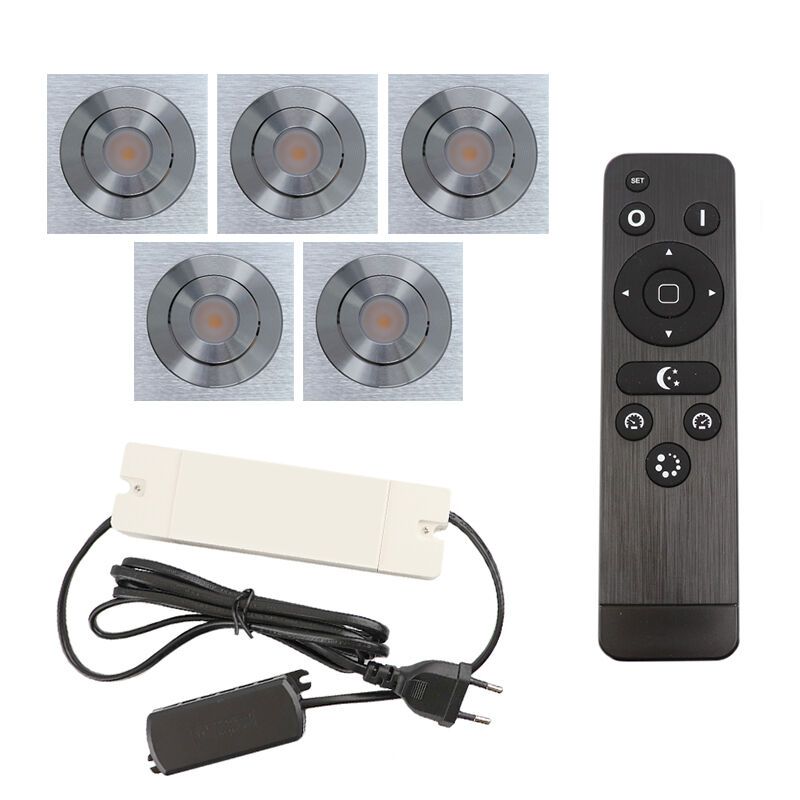 5 faretti da incasso orientabili per veranda Rona quadrato, IP44, con set di connessione e telecomando, cromo