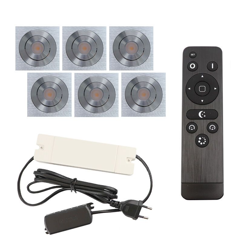 6 faretti da incasso orientabili per veranda Rona quadrato, IP44, con set di connessione e telecomando, cromo